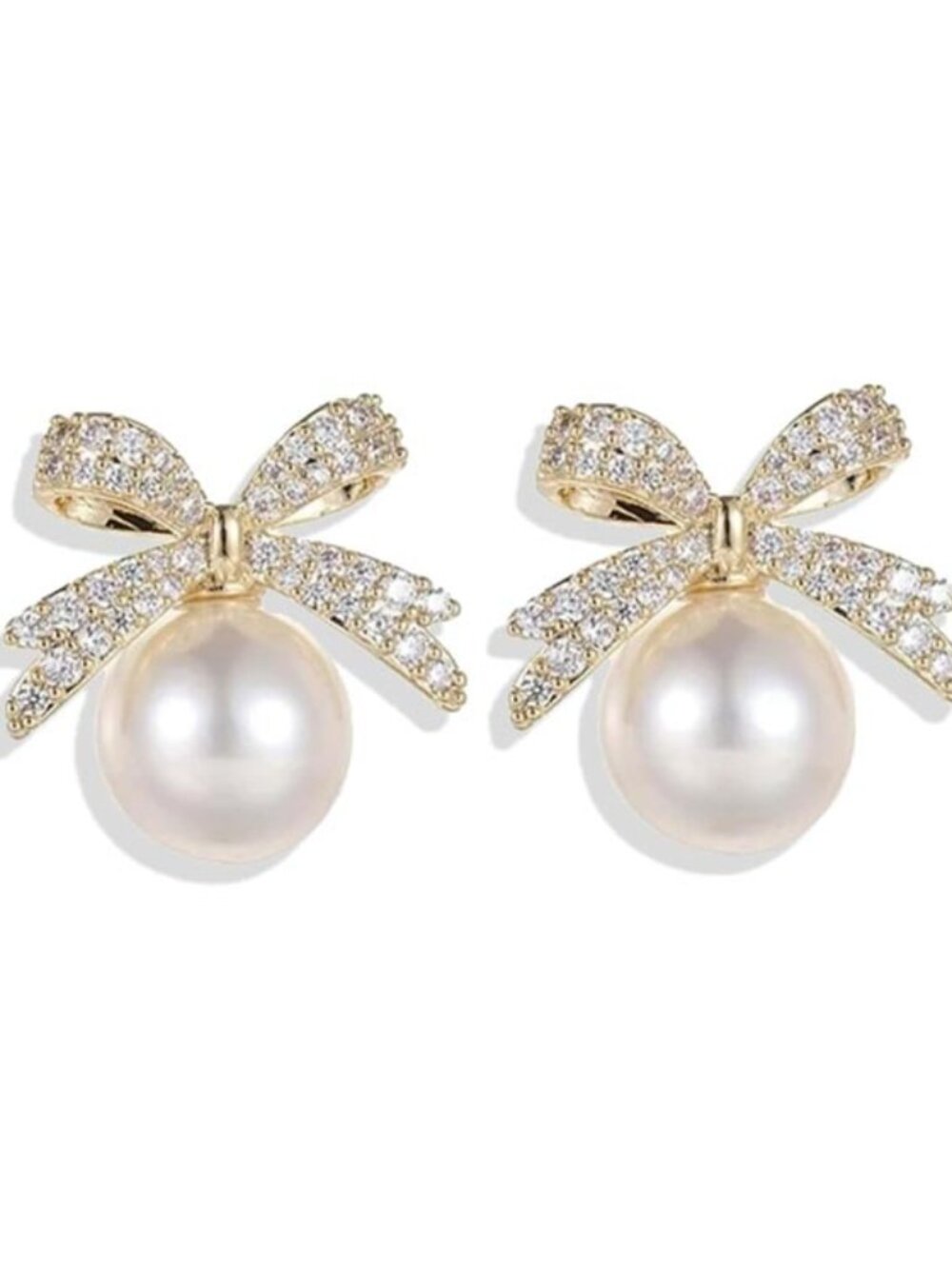 Gold Pearl Rhinestone Crystal Bow Glittery Post Earrings